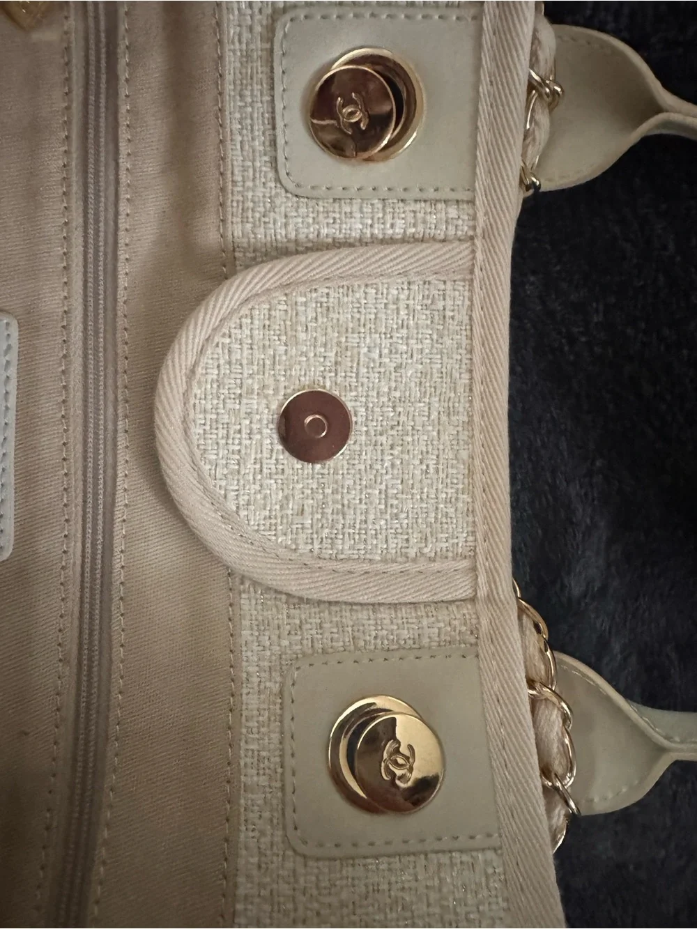 CHANEL Ivory and Gold Logo Canvas Shopper Tote